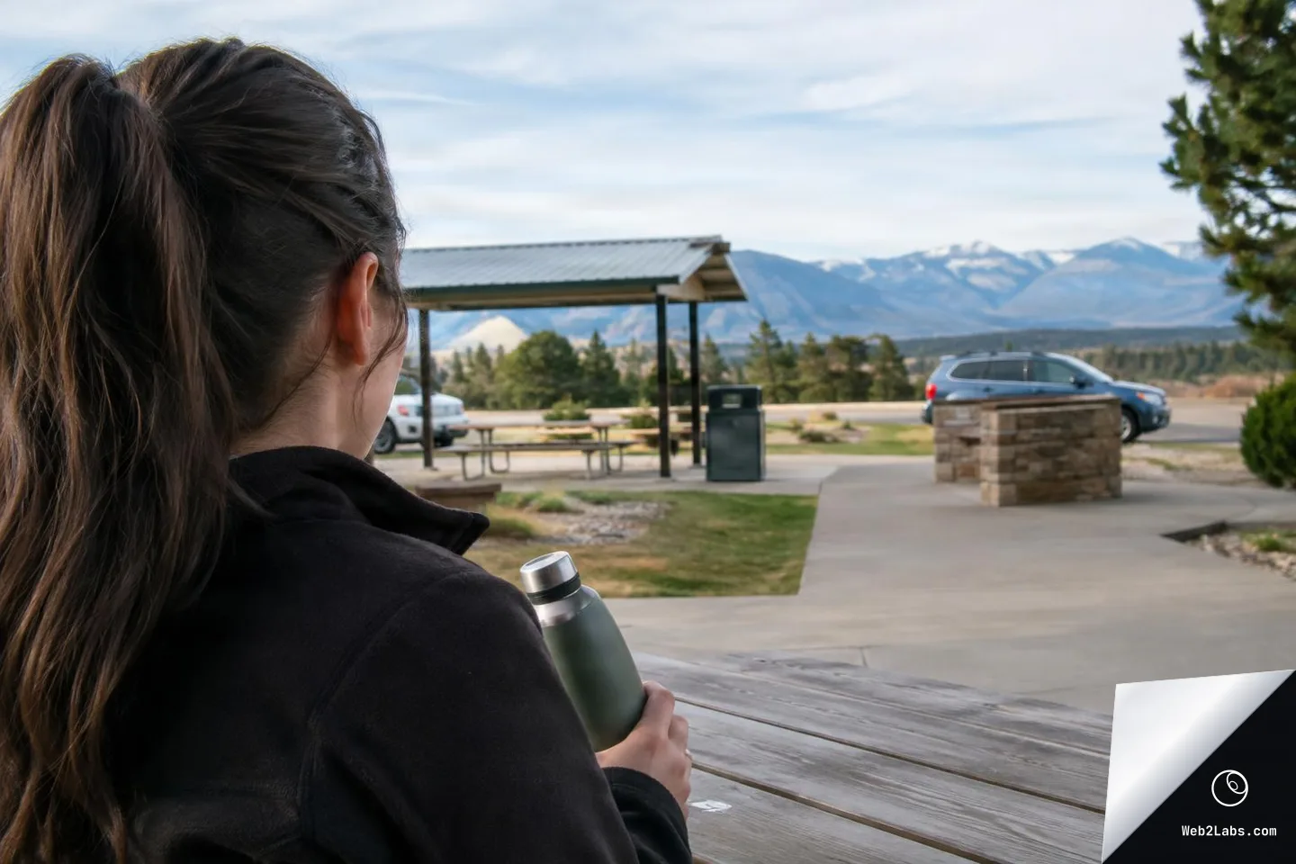 Over-the-shoulder view of a person sitting at a wooden picnic table holding a metal water bottle at a roadside rest stop, with a shelter, trash can, parked cars, and mountains under a cloudy sky.