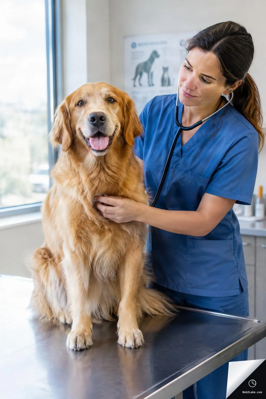 Veterinarian in blue scrubs listens to a golden retriever with a stethoscope while the dog sits on a metal exam table in a bright veterinary clinic.