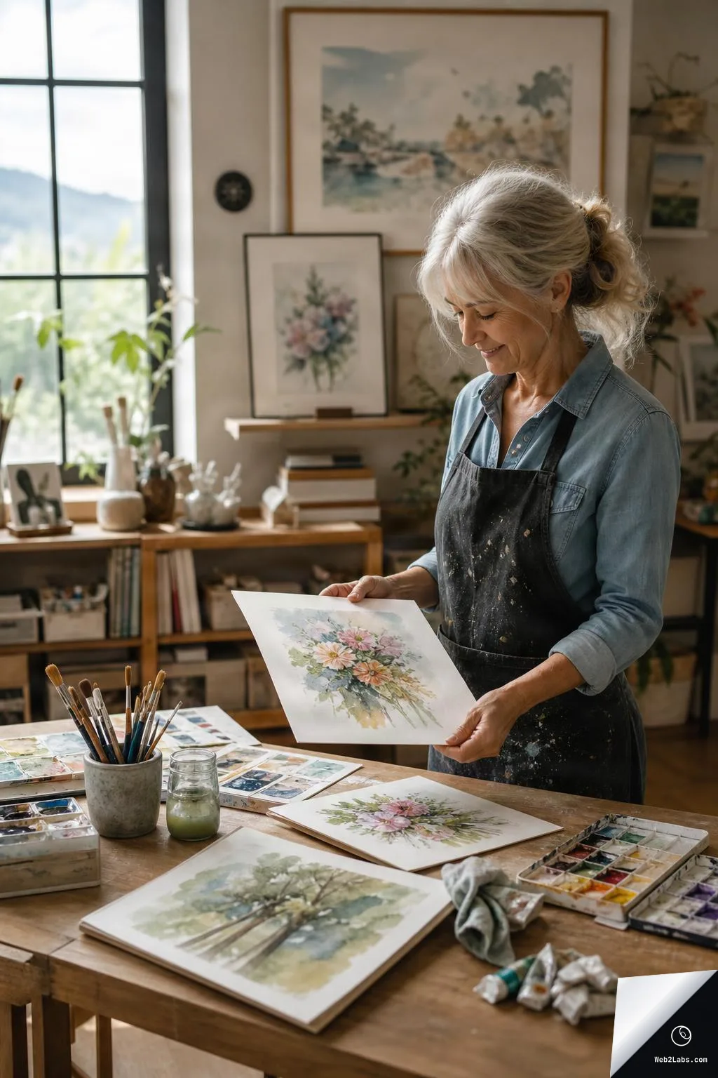 A woman in an apron stands at a wooden table in a bright art studio, holding a watercolor floral painting while brushes, paint palettes, and other watercolor sheets lie on the table; framed watercolor art hangs on the wall behind her near a window.