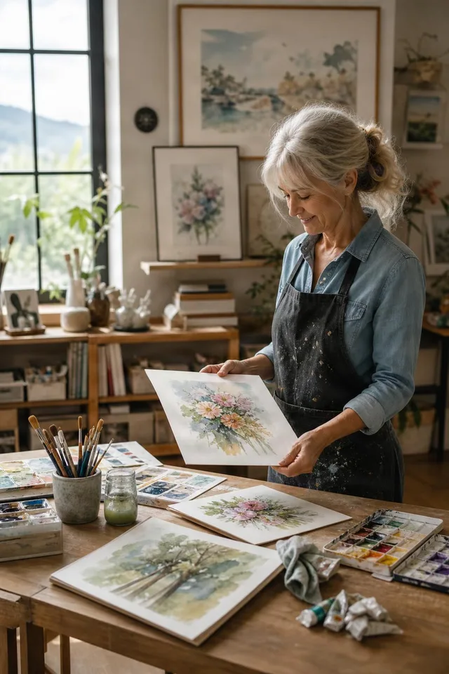 Watercolor Artist Reviewing Floral Painting