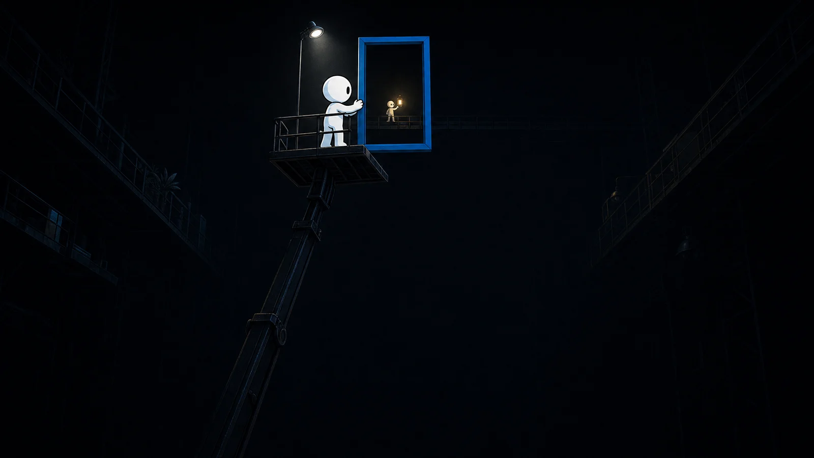 The Web2Labs mascot stands high up on a lift platform in a dark workshop and holds up an empty, tall frame, looking through it at a tiny figure with a lantern far across the room.