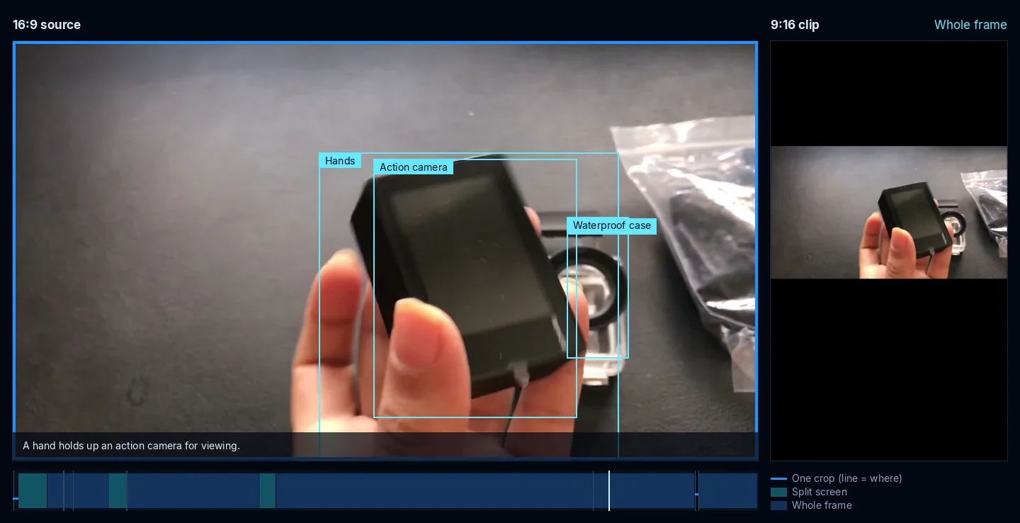 An unboxing on a dark table: a hand holds up a small black action camera next to a clear waterproof case. Boxes mark the hands, the camera and the case. The 9:16 output shows the whole wide frame with bars above and below, so the camera looks small.