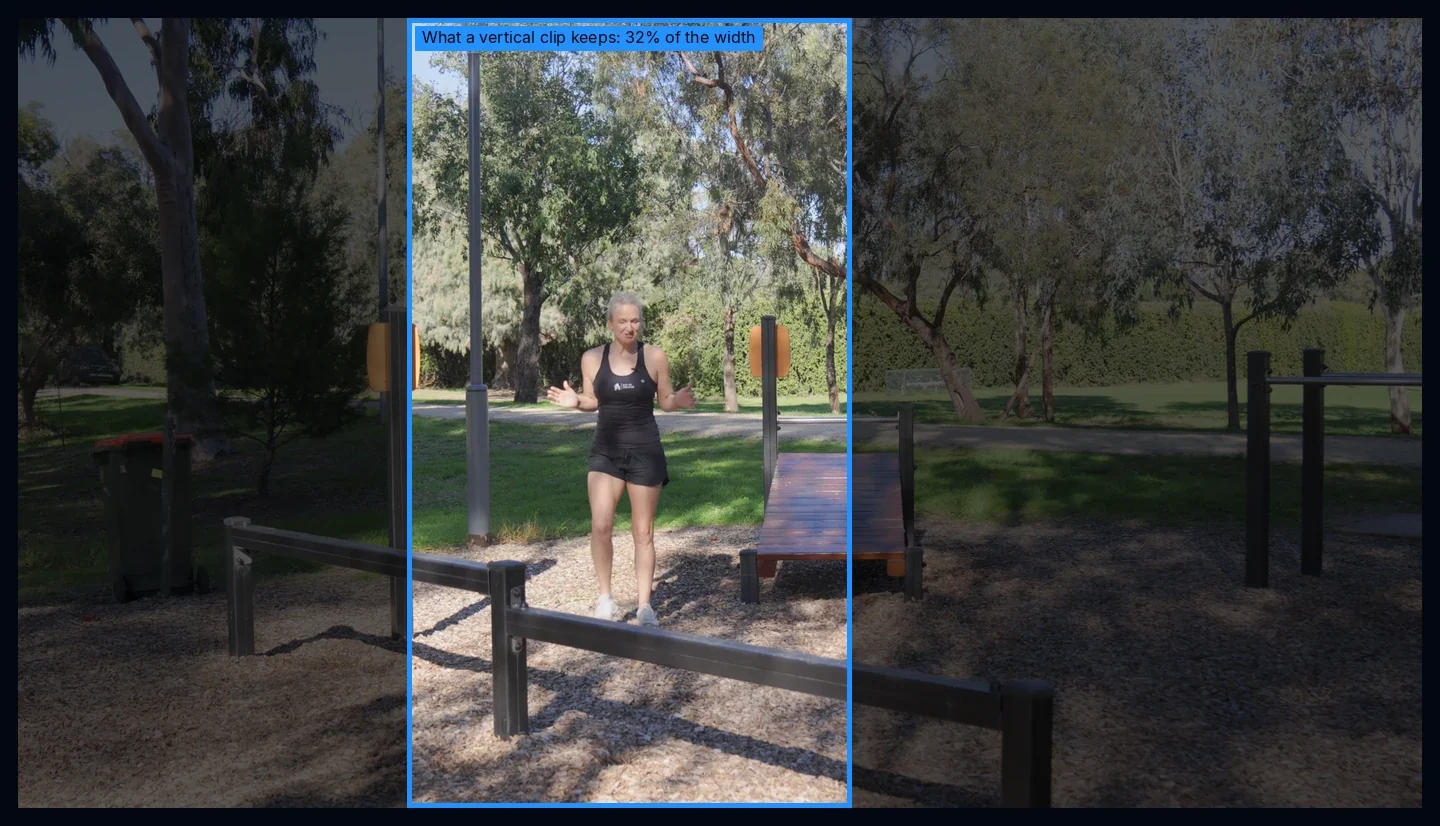 A wide park shot with a fitness instructor walking toward the camera. A tall bright slice around her is kept, the rest of the picture is dimmed.