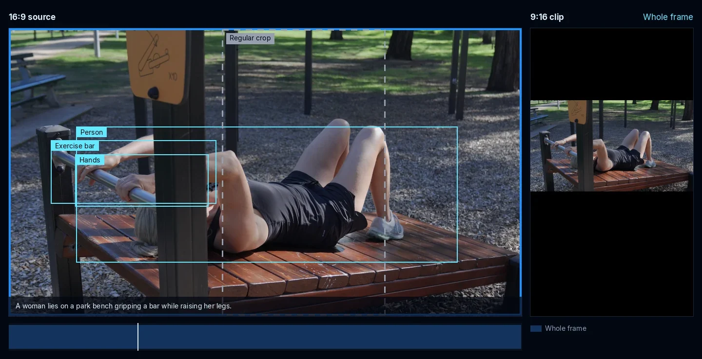 Leg raises on a park bench. The body stretches across most of the wide frame. A dashed outline shows where the regular crop would sit, cutting off her head, her hands on the bar and her feet. The 9:16 output shows the whole wide shot with bars above and below.