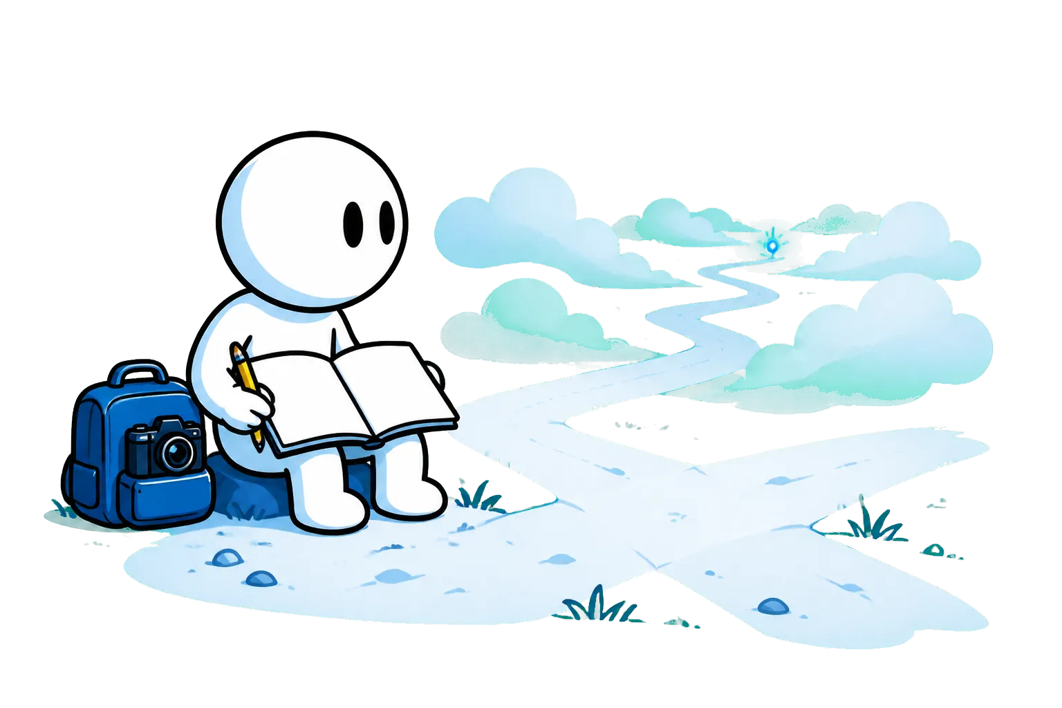 A creator facing a blank page as ideas begin to take shape